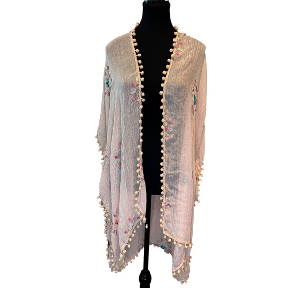 Other - Pink Pom Pom Kimono Cover-Up OSFM Lightweight Boho Swim Beach Resort Layer